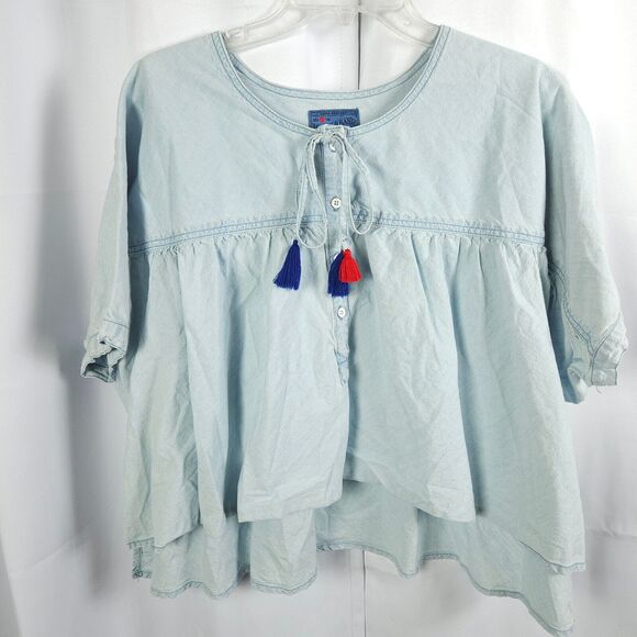 Lucky Brand Womens Large Blue Shrred Button Front Chambray Crop Top Shirt - Picture 1 of 8